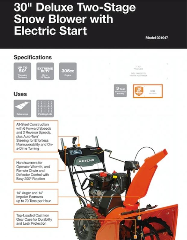 Ariens Deluxe 30 in. 2-Stage Electric Start Gas Snow Blower with Auto-Turn Steering - Image 6