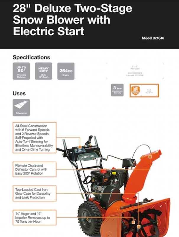 Ariens Deluxe 28 in. 2-Stage Electric Start Gas Snow Blower with Auto-Turn Steering - Image 6