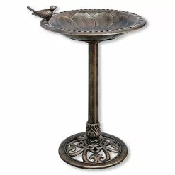 Backyard Expressions Bronze Plastic Resin Bird Bath with Decorative Base & Bird Ornament
